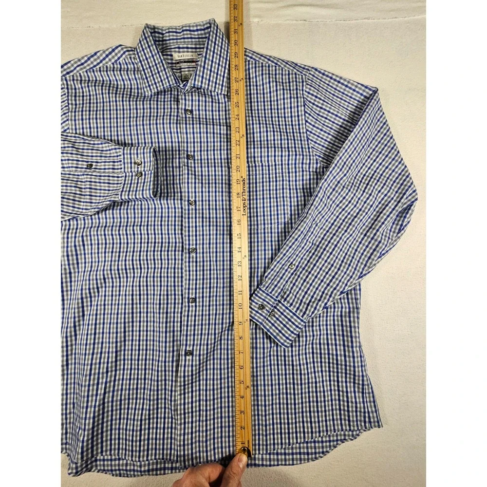 Van Heusen Mens Flex Collar‎ Regular Fit Gingham Dress Shirt Blue Grey 17 34/35